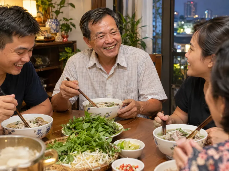 Người trung niên vui vẻ ăn tối cùng gia đình