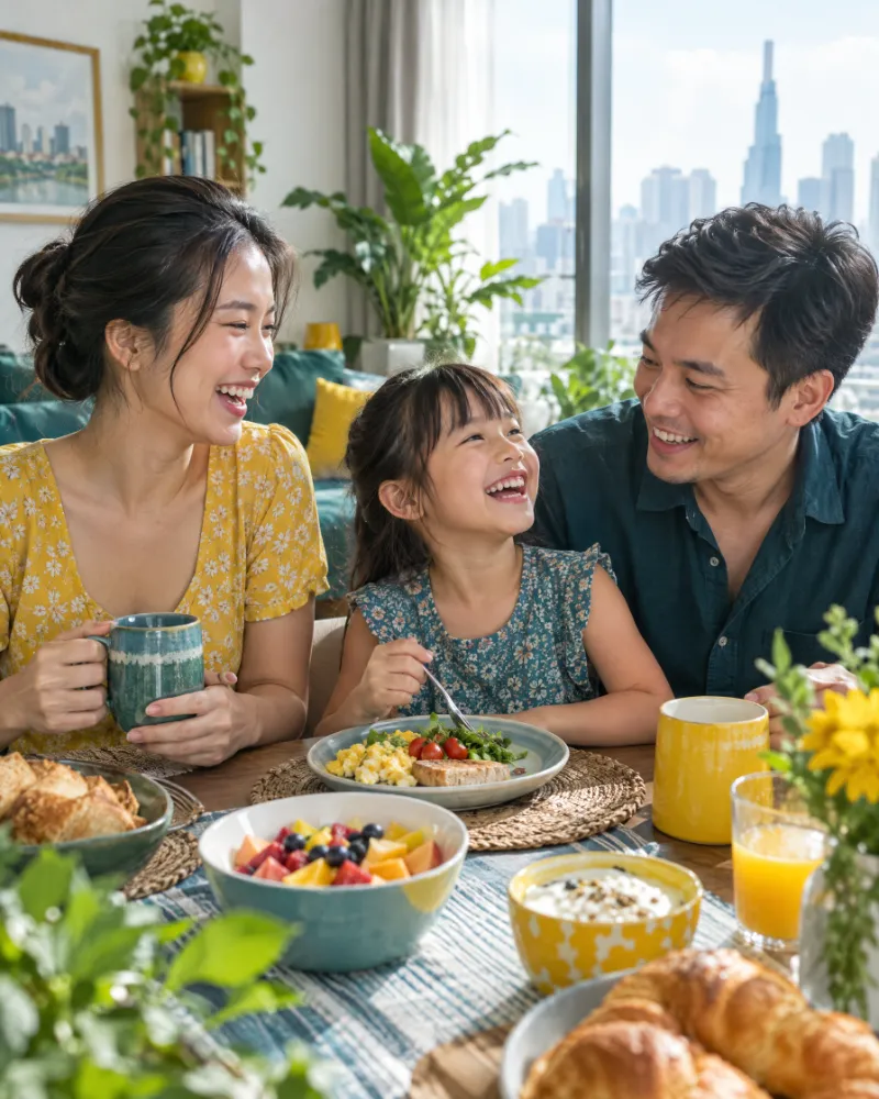 Gia đình trẻ cười vui bên bữa sáng